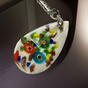 Vintage Murano Art Glass Millefiori Teardrop Pendant Floral Necklace